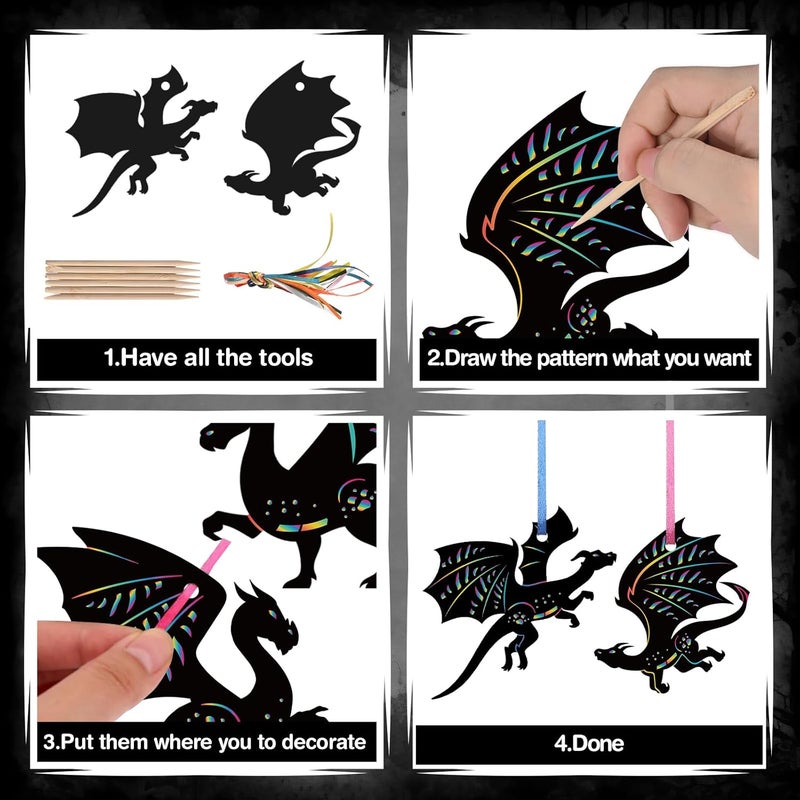 LUUFILx 80 Pcs Dragon Scratch Cards Colorful Rainbow Dragon Scratch Paper Art with Wooden Stylus for Birthday Party Classroom DIY Activities - Image 4
